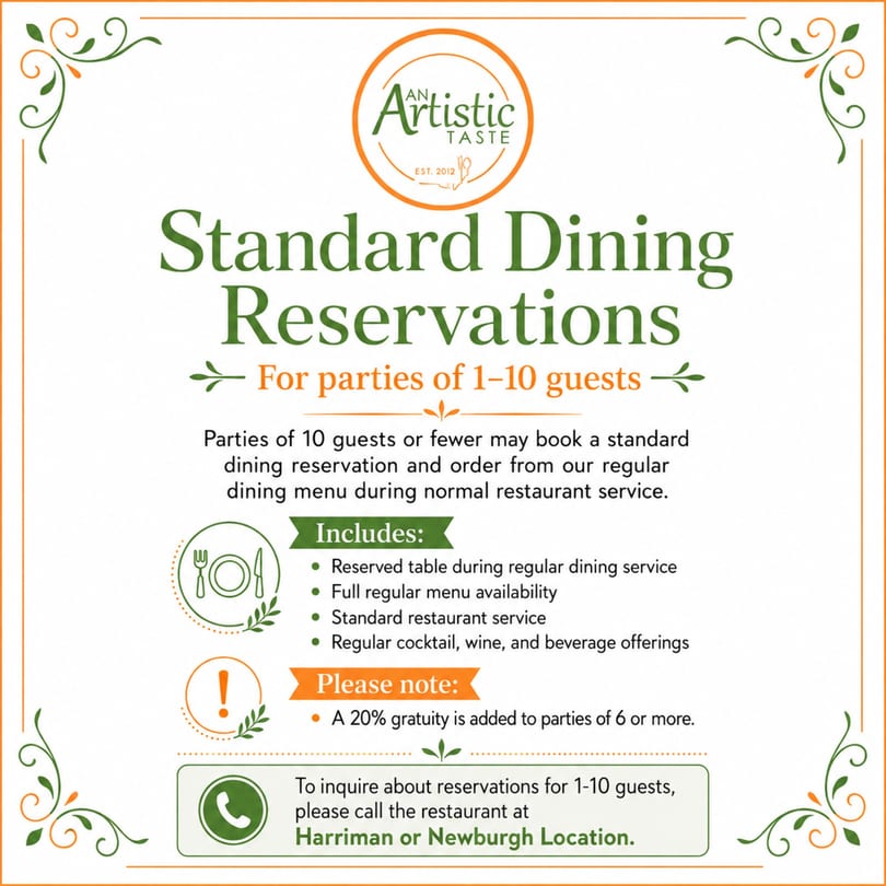 An Artistic Taste restaurant's standard dining reservations policy for parties of 1-10 guests.