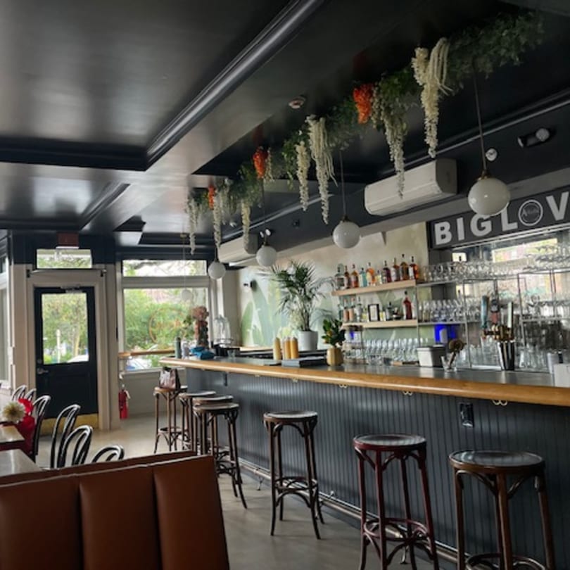 A Caribbean restaurant interior with a long bar, stools, and hanging plants from the ceiling.
