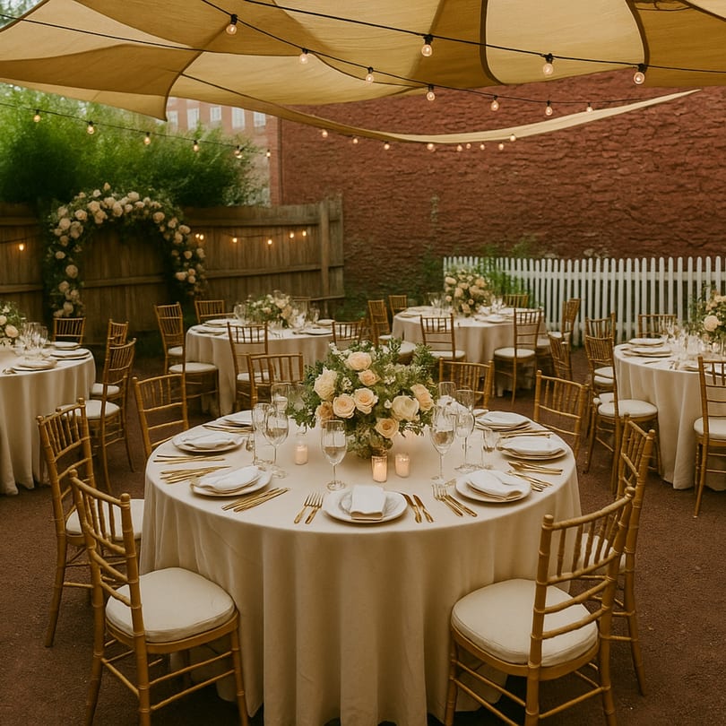 Outdoor dining area with round tables, gold chairs, floral centerpieces, and string lights under a canopy.