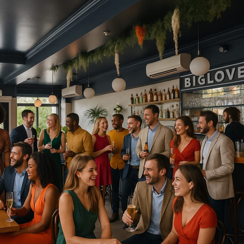 Diverse group of happy people socializing and drinking at a bar in An Artistic Taste restaurant.