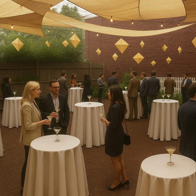 Guests mingle at an outdoor cocktail party with draped canopies and geometric decorations.