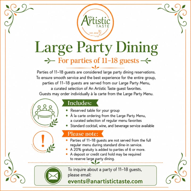 An Artistic Taste restaurant's large party dining information for 11-18 guests, with service details.
