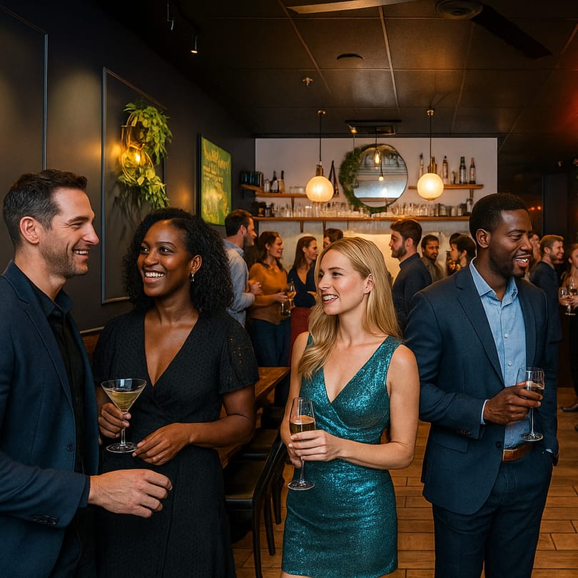 Diverse group of people socializing and enjoying drinks at a lively restaurant bar.