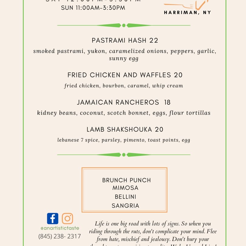 A brunch menu from An Artistic Taste, featuring Caribbean-inspired dishes and drinks.