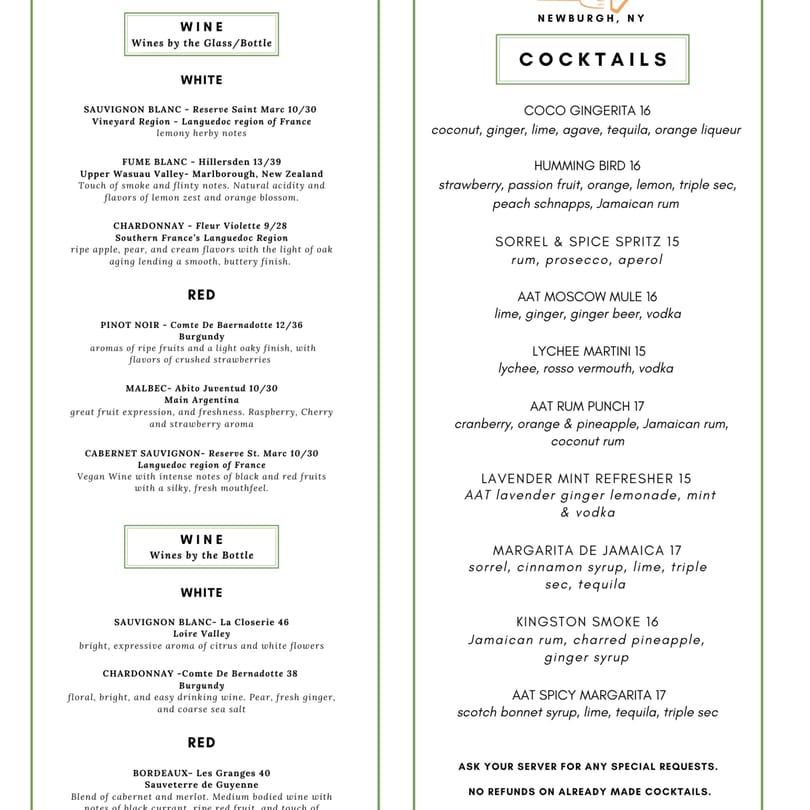 A menu from An Artistic Taste, featuring a selection of wines and Caribbean-inspired cocktails.
