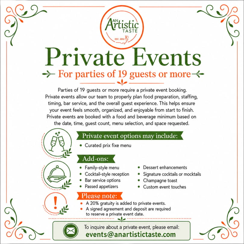 A flyer for An Artistic Taste restaurant's private events, detailing options and booking information.
