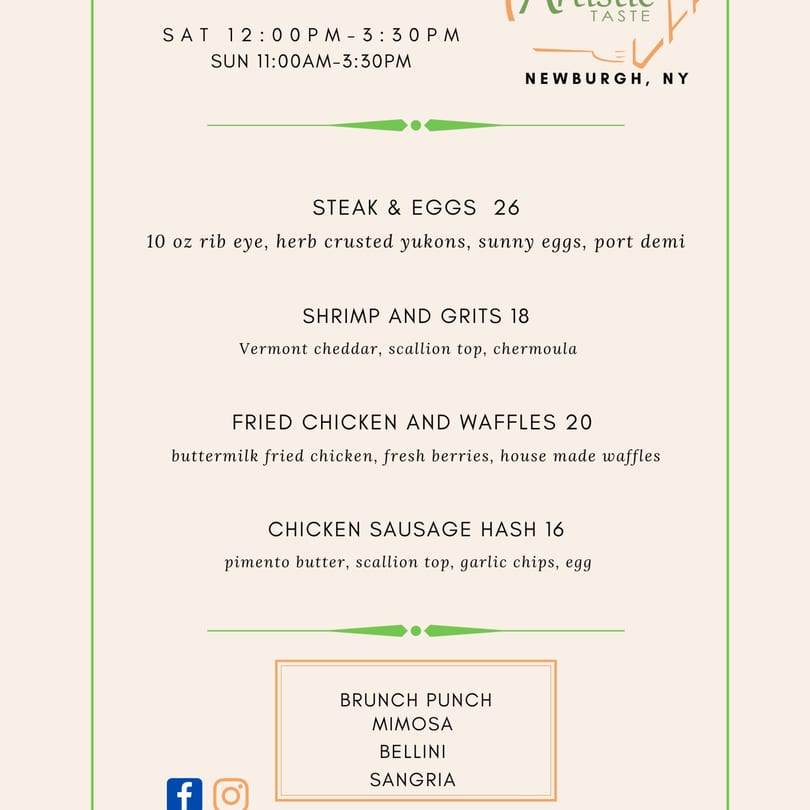 An Artistic Taste restaurant's brunch menu with Caribbean-inspired dishes and drinks.